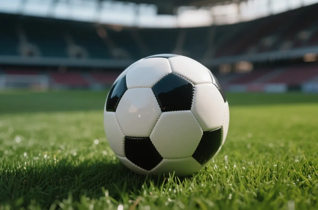 Close-up of a professional soccer ball resting on the lush green grass of a stadium field